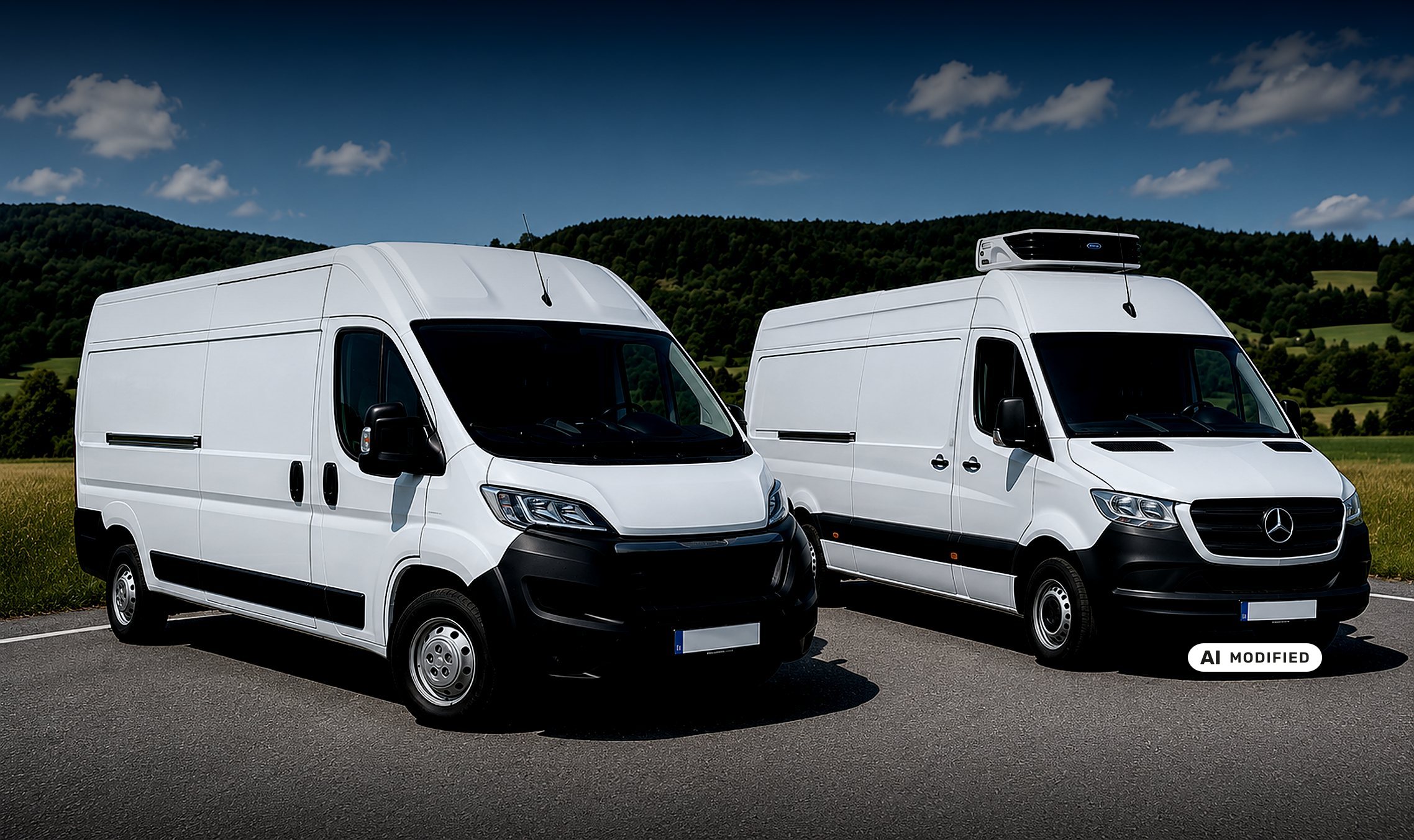 Die beiden weißen Transporter von Transporte Stoffel, darunter das Kühlfahrzeug – Foto mit KI bearbeitet (gekennzeichnet mit dem EU-Symbol „AI MODIFIED“)